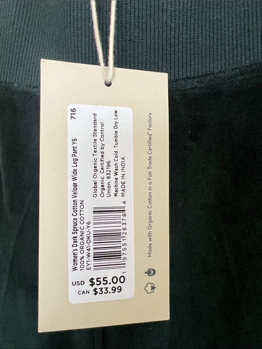 Pact Dark Spruce Velour Wide-Leg Pants - Picture 4 of 6